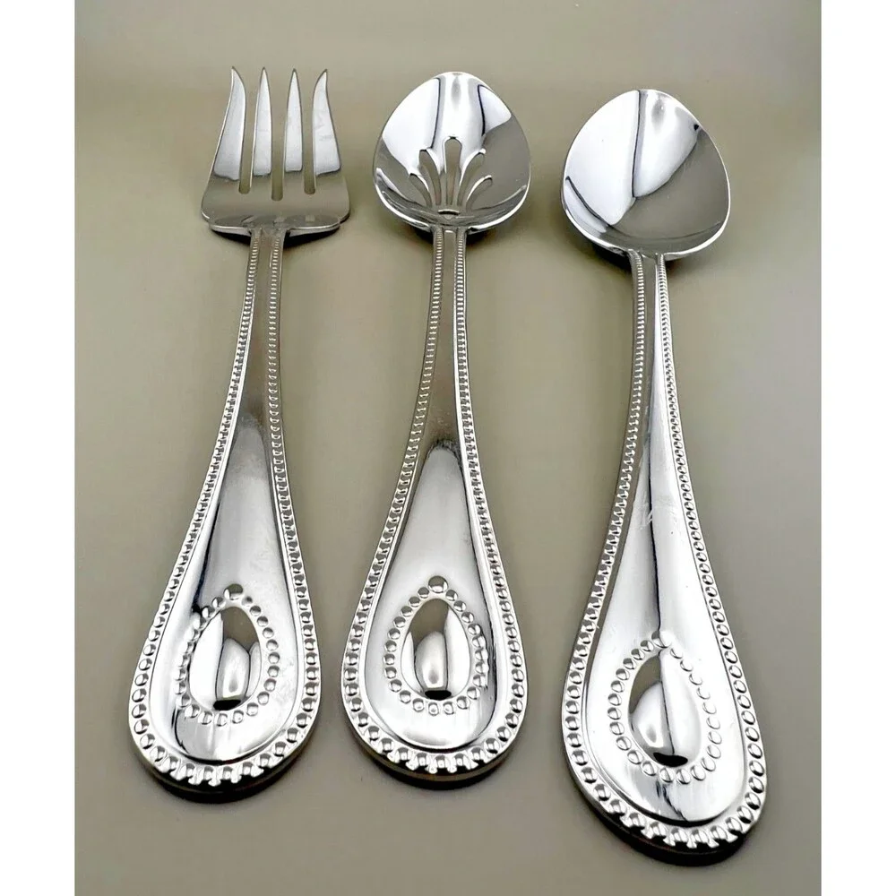 LENOX French Perle 3pc Serving Set Pierced Spoon Fork 18/10 Stainless Flatware